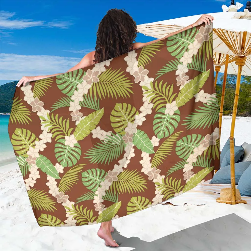 Brown Hawaii Plumeria Lei With Tropical Leaves Sarong - main view