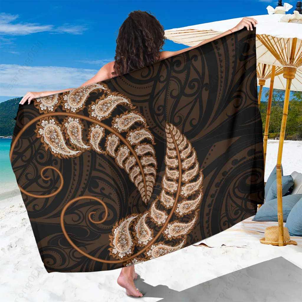 Brown Paisley Silver Fern Maori Tribal Print Sarong Aotearoa New Zealand South Pacific Beach Wrap Pareo Wholesale - main view