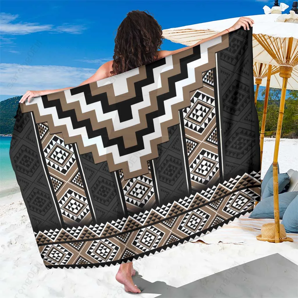 Brown Niho Taniwha Poutama Tribal Print Sarong Polynesian Beach Wrap Cover Up Wholesale Pareo