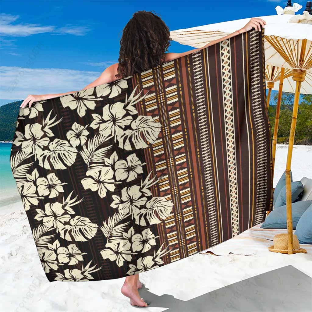 White Hibiscus Tropical Masi Tapa Sarong Fiji Style Beach Wrap Cover Up Wholesale Pareo - main view