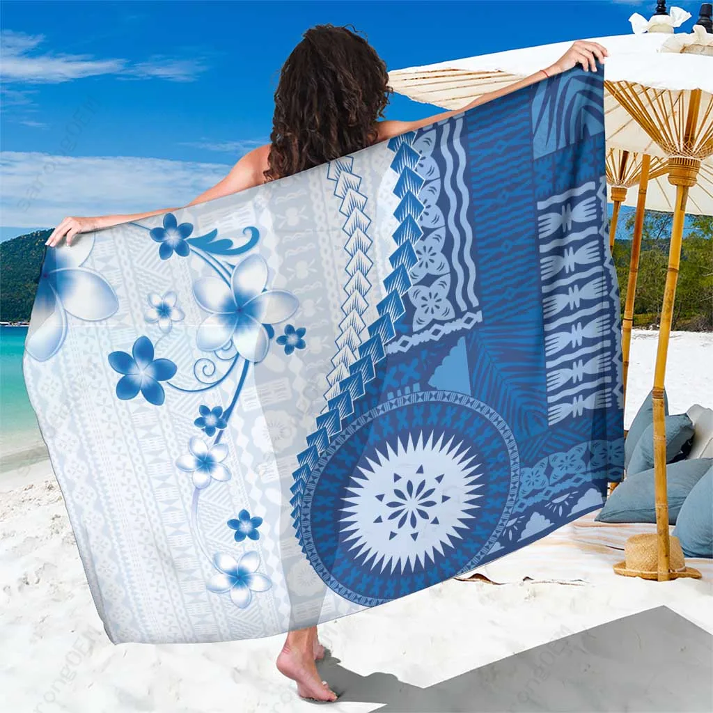 Fiji Blue Plumeria Masi Tapa Print Sarong South Pacific Tropical Beach Wrap Pareo Wholesale - main view