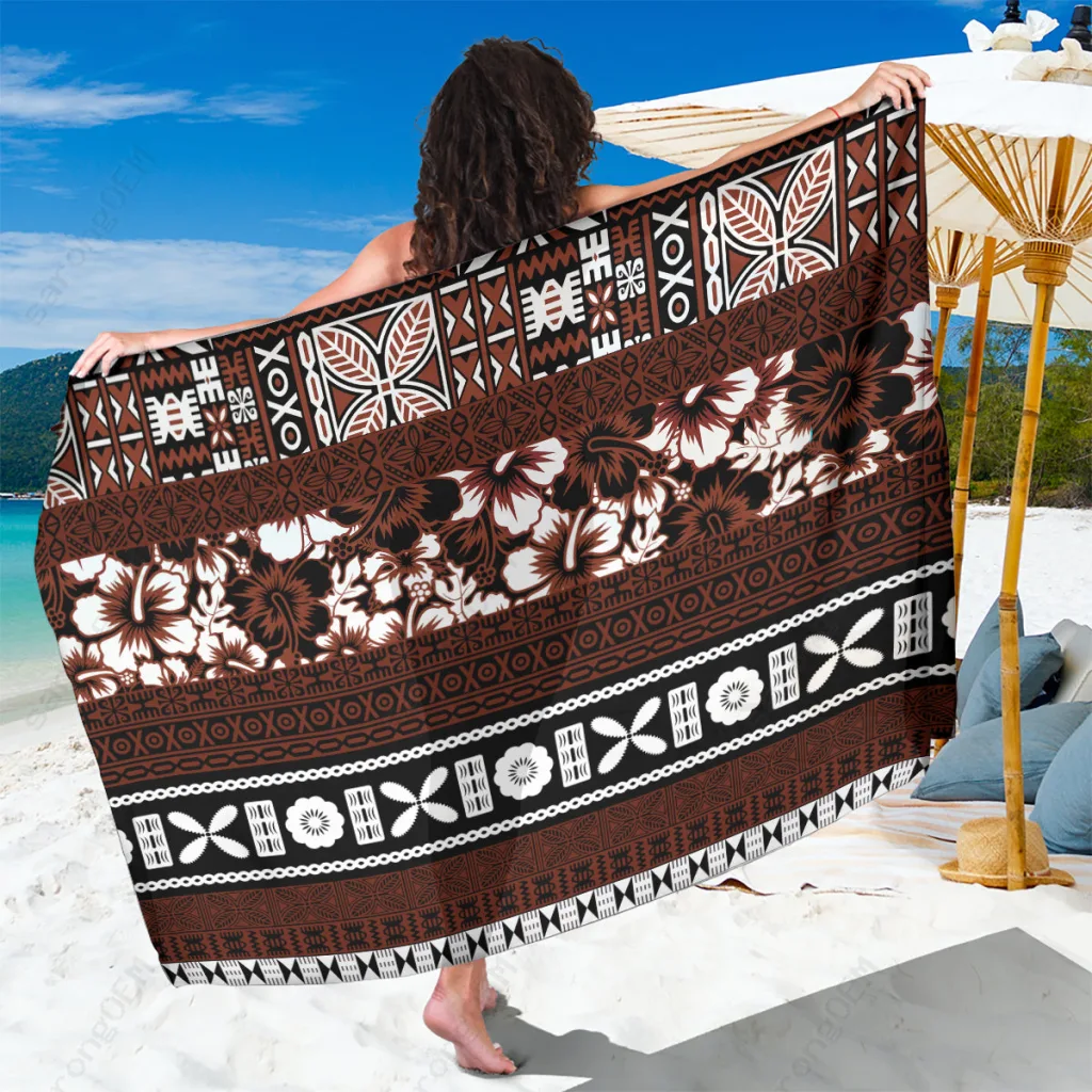 White Hibiscus Fijian Tapa Masi Print Sarong South Pacific Beach Wrap Pareo Wholesale - main view