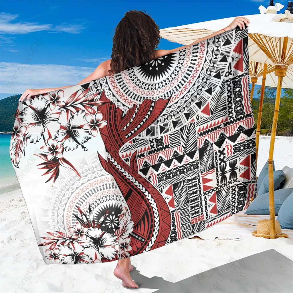 White Fiji Masi Tapa Shark Tail Tribal Print Sarong Beach Wrap Pareo for Resort Hotel OEM - main view