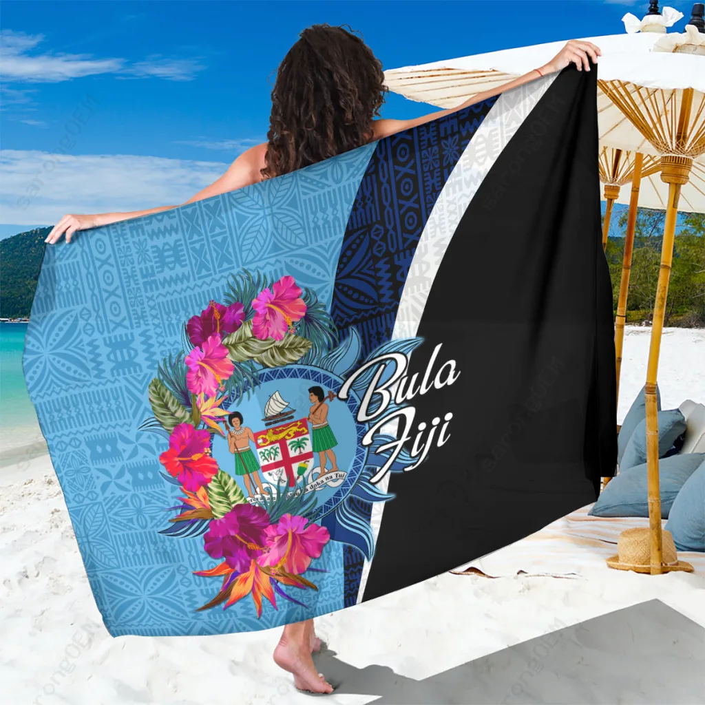 Fiji Blue Vintage Masi Pattern Printed Sarong South Pacific Island Beach Wrap Wholesale Pareo - main view