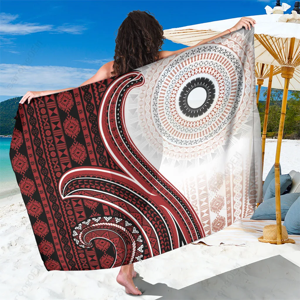 Red Wave Motif Tapa Sarong Fiji Vintage Tribal Print Beach Wrap Pareo Wholesale - related