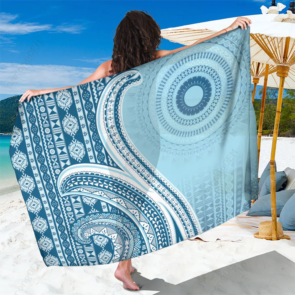 Turquoise Wave Masi Tapa Palm Print Sarong Fiji Vintage Beach Wrap Pareo Wholesale Custom - main view