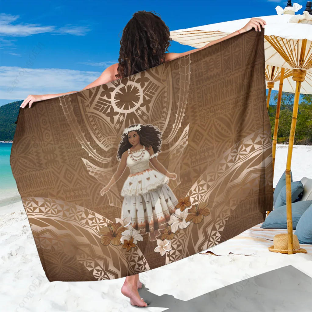 Yellow Fijian Tapa Palm Hibiscus Print Sarong South Pacific Tropical Beach Wrap Pareo Wholesale - main view
