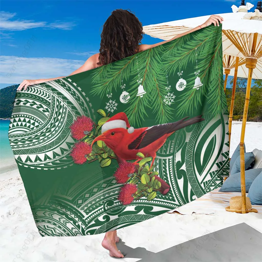 Christmas Green Hawaii Iiwi Bird Parrot Print Sarong Beach Wrap Polynesian Holiday Pareo Wholesale - main view