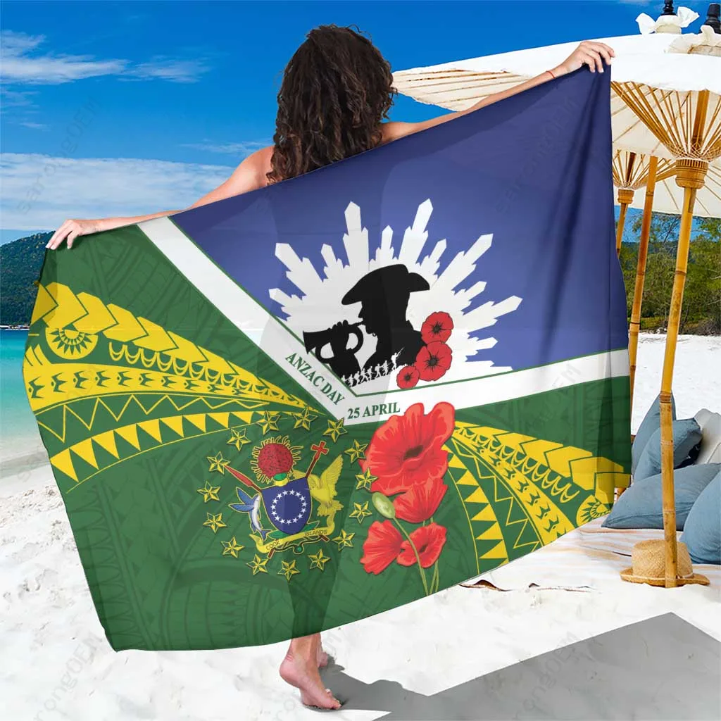 Deep Blue Anzac Day Poppy Palm Leaf Print Sarong South Pacific Memorial Holiday Beach Wrap Wholesale Pareo - main view