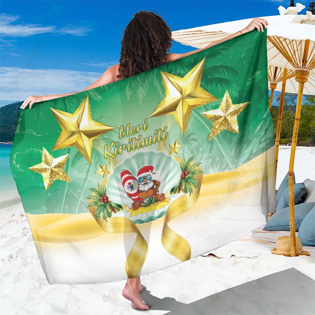 White Christmas Sarong with Seashell Santa Starfish Print Tropical Island Beach Wrap Wholesale Pareo - main view