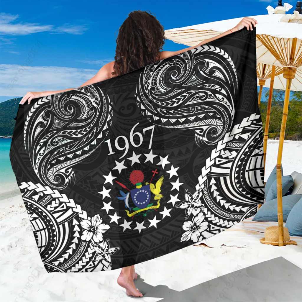 Navy Gold Tribal Turtle Hibiscus Print Sarong Polynesian Island Beach Wrap Wholesale Pareo - main view