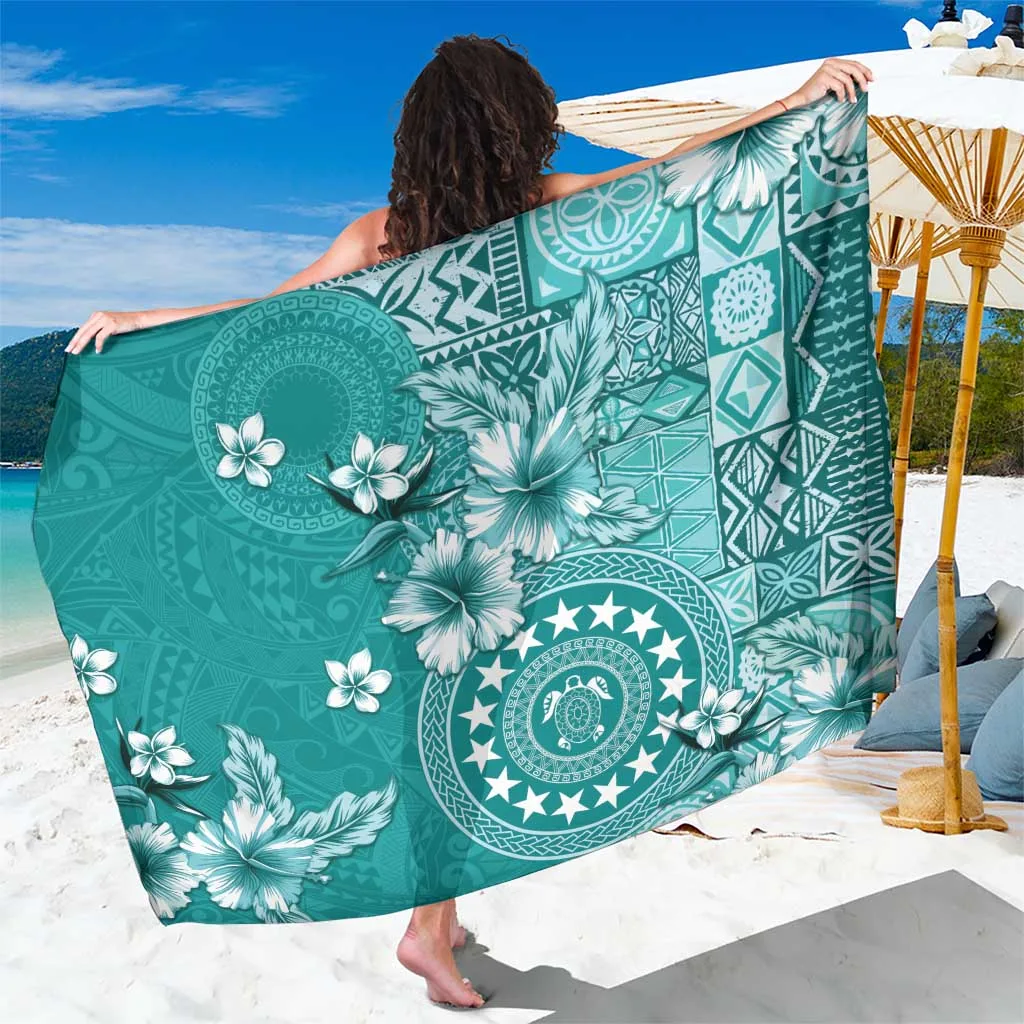 Cook Islands Sarong Teal Hibiscus & Stars - main view