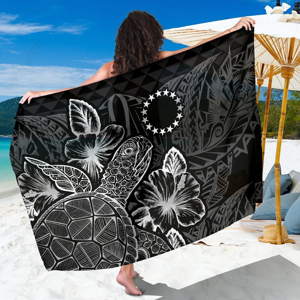 Black Turtle Hibiscus Print Sarong Polynesian Beach Wrap Resort Cover Up Wholesale Pareo - main view