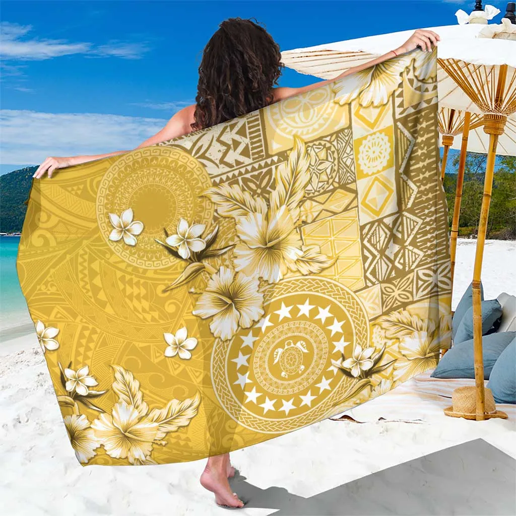 Yellow Hibiscus & Stars Print Sarong South Pacific Tropical Beach Wrap for Resort Hotel Wholesale Pareo - main view