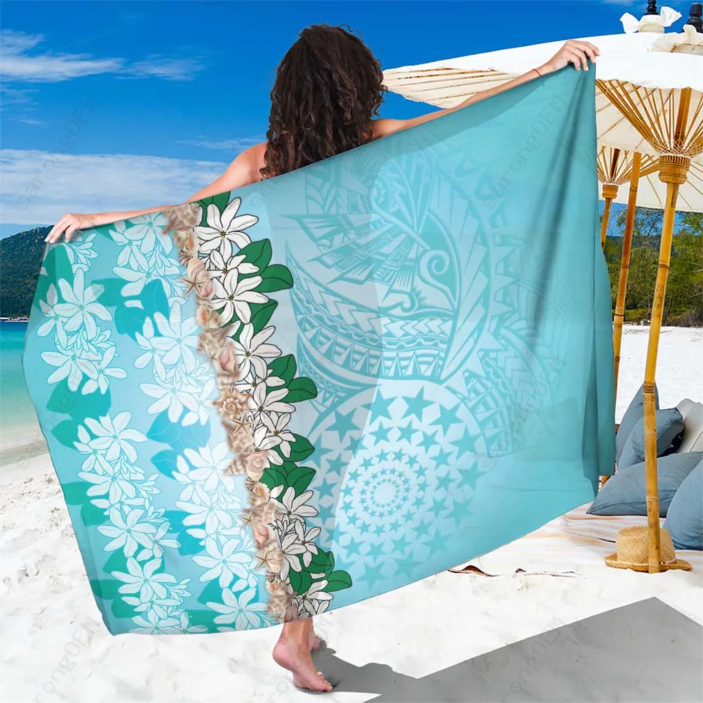 Turquoise Conch Shell Polynesian Tattoo Print Sarong Beach Wrap Tropical Island Cover Up Wholesale Pareo - main view