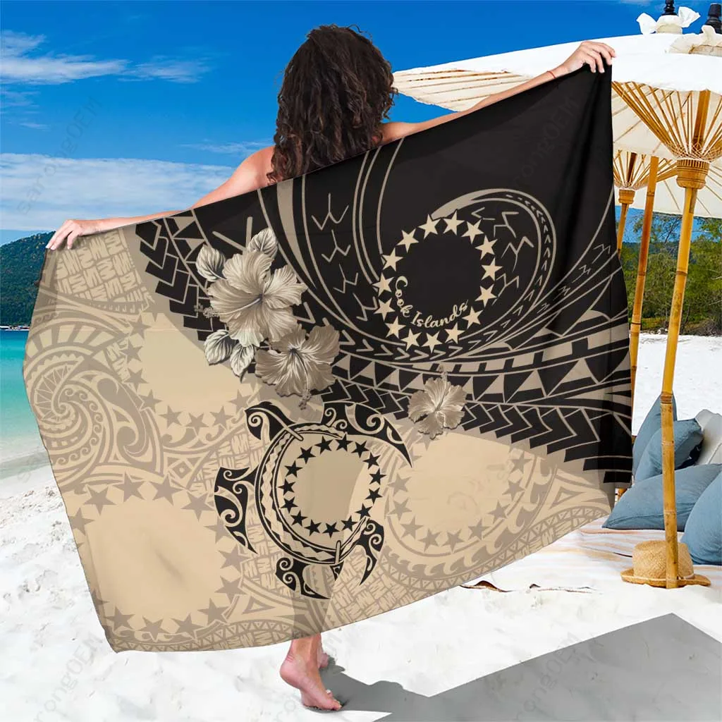 Beige Turtle Stars Hibiscus Print Sarong Polynesian Beach Wrap Cover Up Wholesale Pareo - related