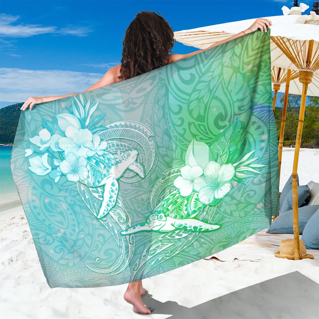 White Couple Sea Turtle One Love One Heart Hibiscus Print Sarong Polynesian Beach Wrap Wholesale Pareo - main view