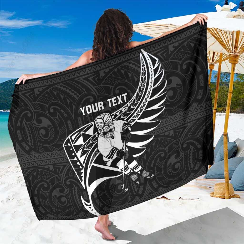 Black Custom Aotearoa Ice Hockey Tiki Mascot Maori Pattern Print Sarong Polynesian Beach Wrap Wholesale Pareo - main view