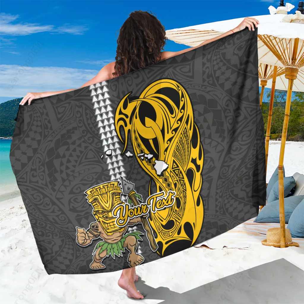 Black Abstract Hawaii Island Sarong Polynesian Tribal Tattoo Print Beach Wrap Custom OEM Pareo