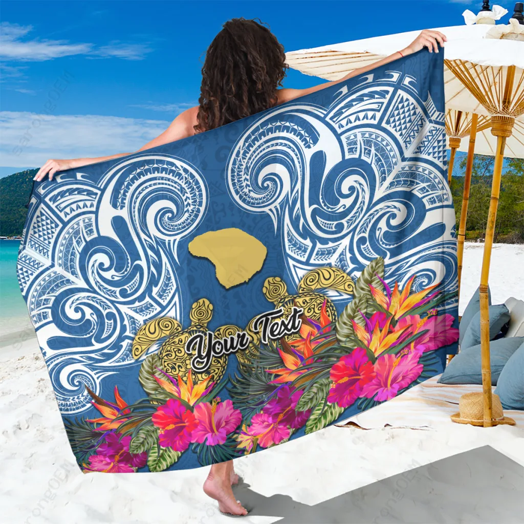 Custom Hawaii Lanai Island Sarong Hibiscus Turtle & Map Polynesian Spiral Print Beach Wrap Wholesale Pareo
