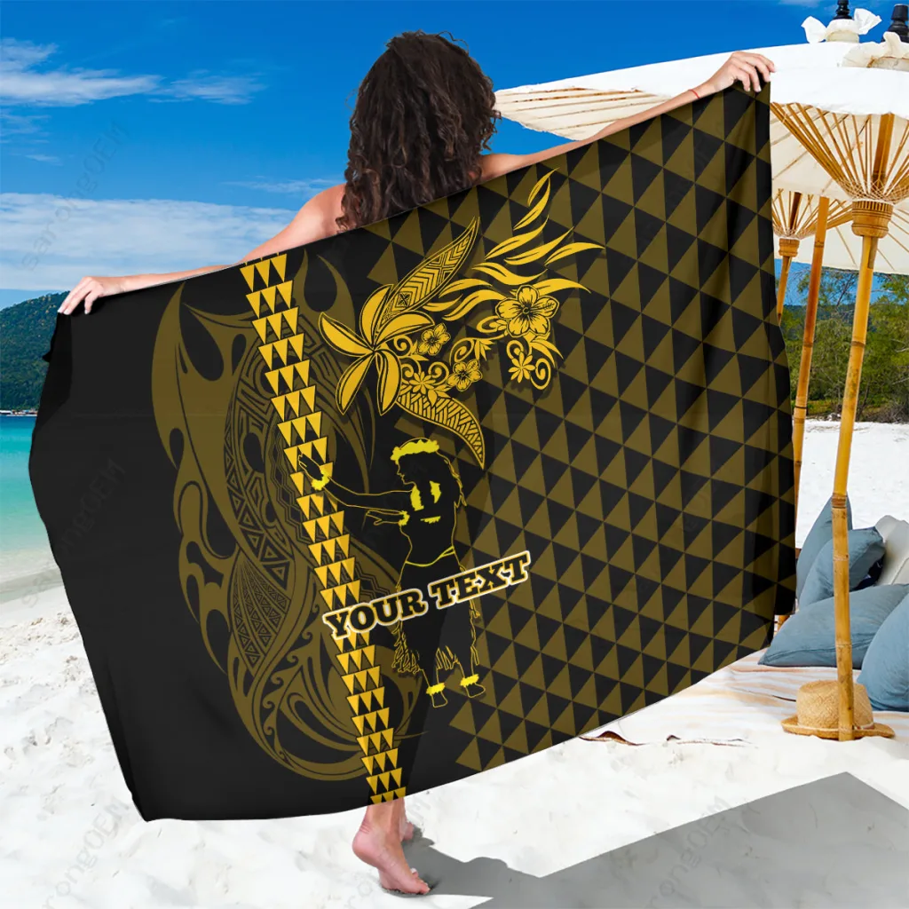 White Custom Hawaii Ukelele & Hula Girl Mix Kakau Pattern Sarong Tropical Beach Wrap Wholesale Pareo - main view