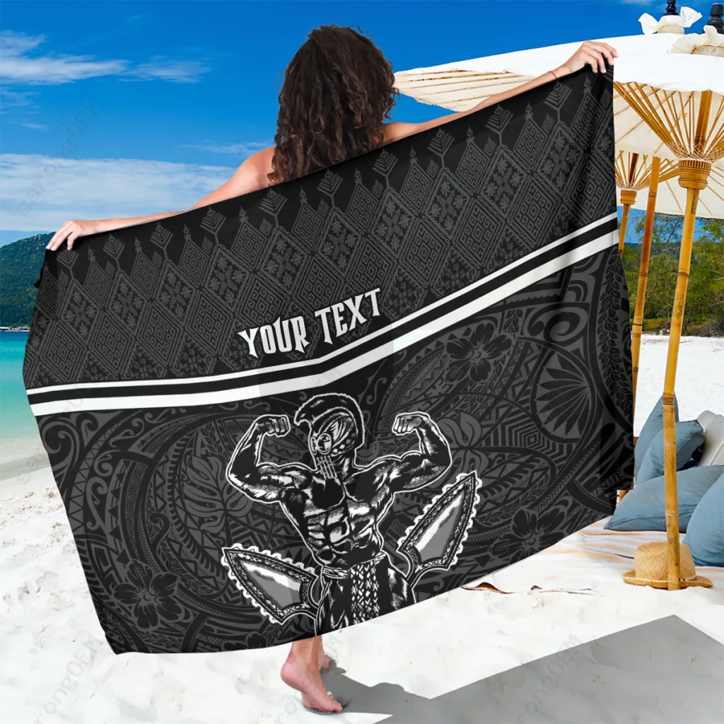 Black Custom Hawaii Warrior Kakau Quilt Pattern Printed Sarong Polynesian Beach Wrap Pareo Wholesale - main view