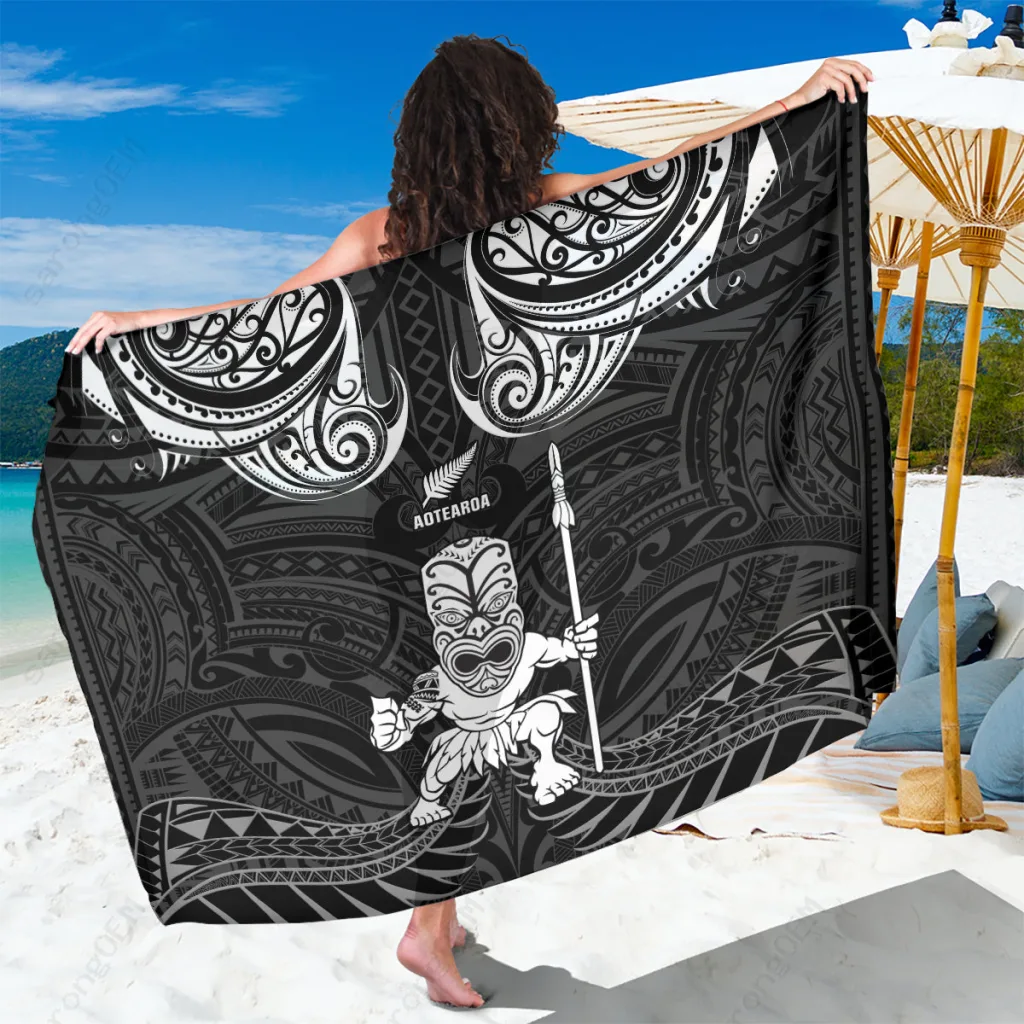 Black Tiki Warrior Maori Taiaha Tribal Print Sarong South Pacific Beach Wrap Pareo for Resort Custom OEM - main view