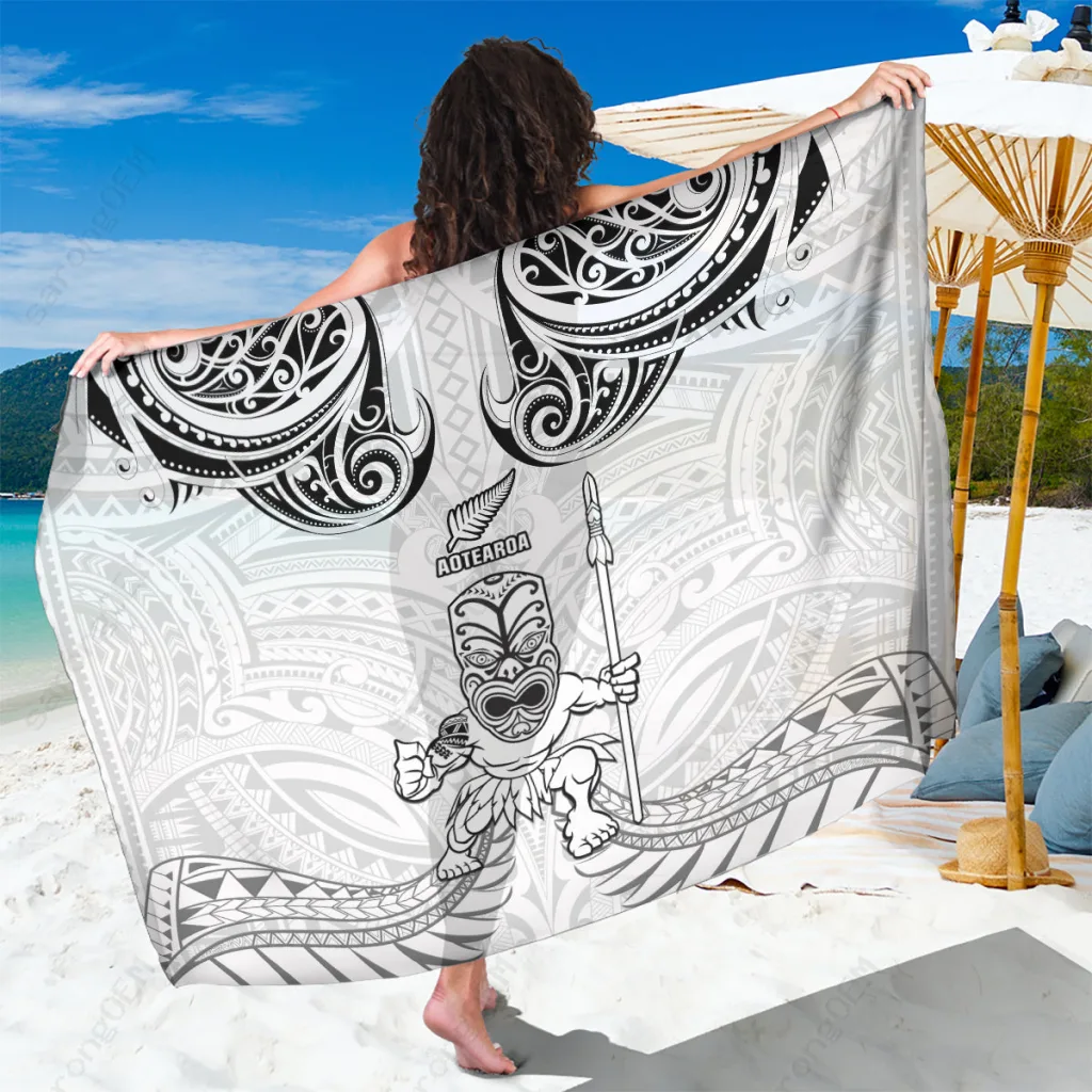 White Tiki Warrior Tribal Print Sarong Polynesian Beach Wrap Custom OEM Pareo