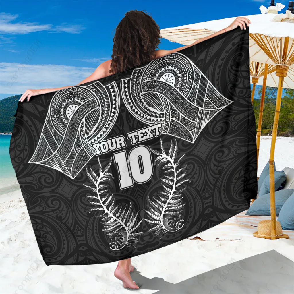 Silver Custom New Zealand Rugby Sarong Aotearoa Champion Cup Silver Fern Print Beach Wrap Wholesale Pareo - main view