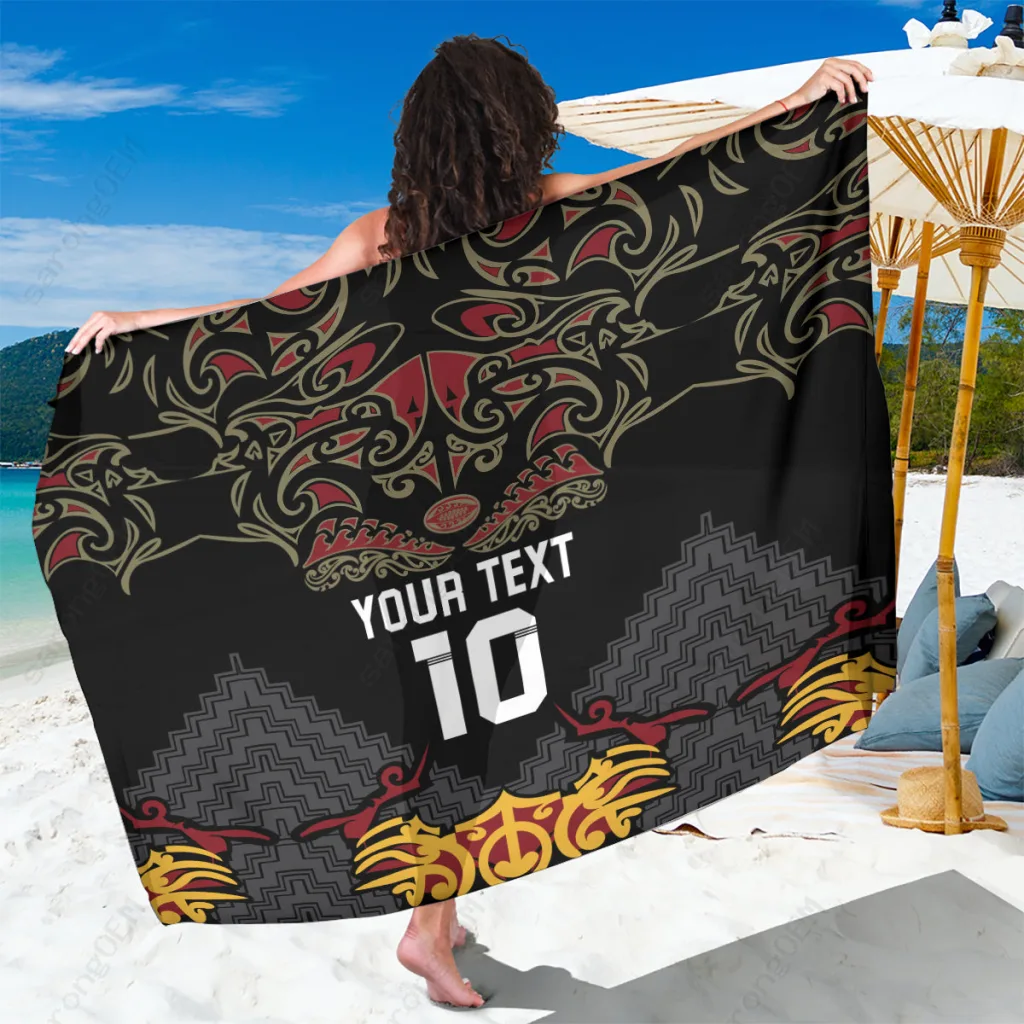 Black Maori Tribal Pattern Custom New Zealand Rugby Sarong Polynesian Beach Wrap Wholesale Pareo - main view
