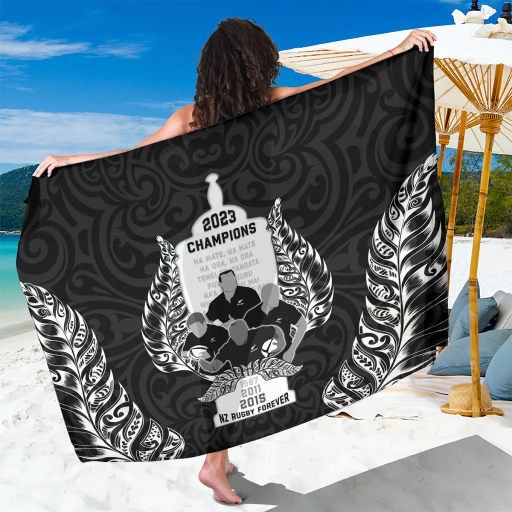 Black All-Over Tribal Haka Maori New Zealand Rugby Champions Cup Print Sarong Beach Wrap Wholesale Pareo - main view