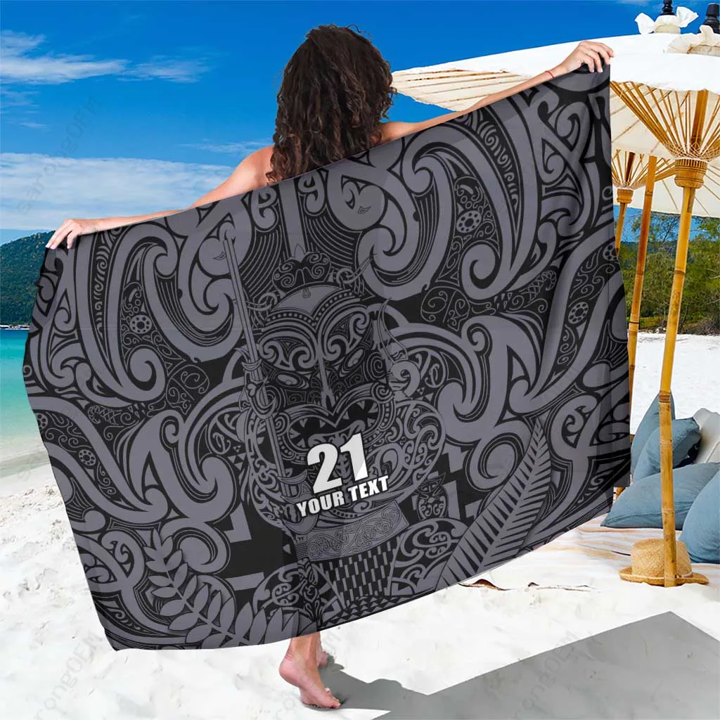 Black Minimalist Maori Taiaha Silver Fern Print Sarong South Pacific Island Beach Wrap Wholesale Pareo - main view
