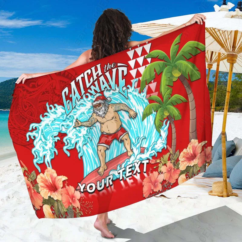 Red Custom Hawaii Mele Kalikimaka Santa Surfing Tropical Print Sarong Polynesian Beach Wrap Wholesale Pareo - main view