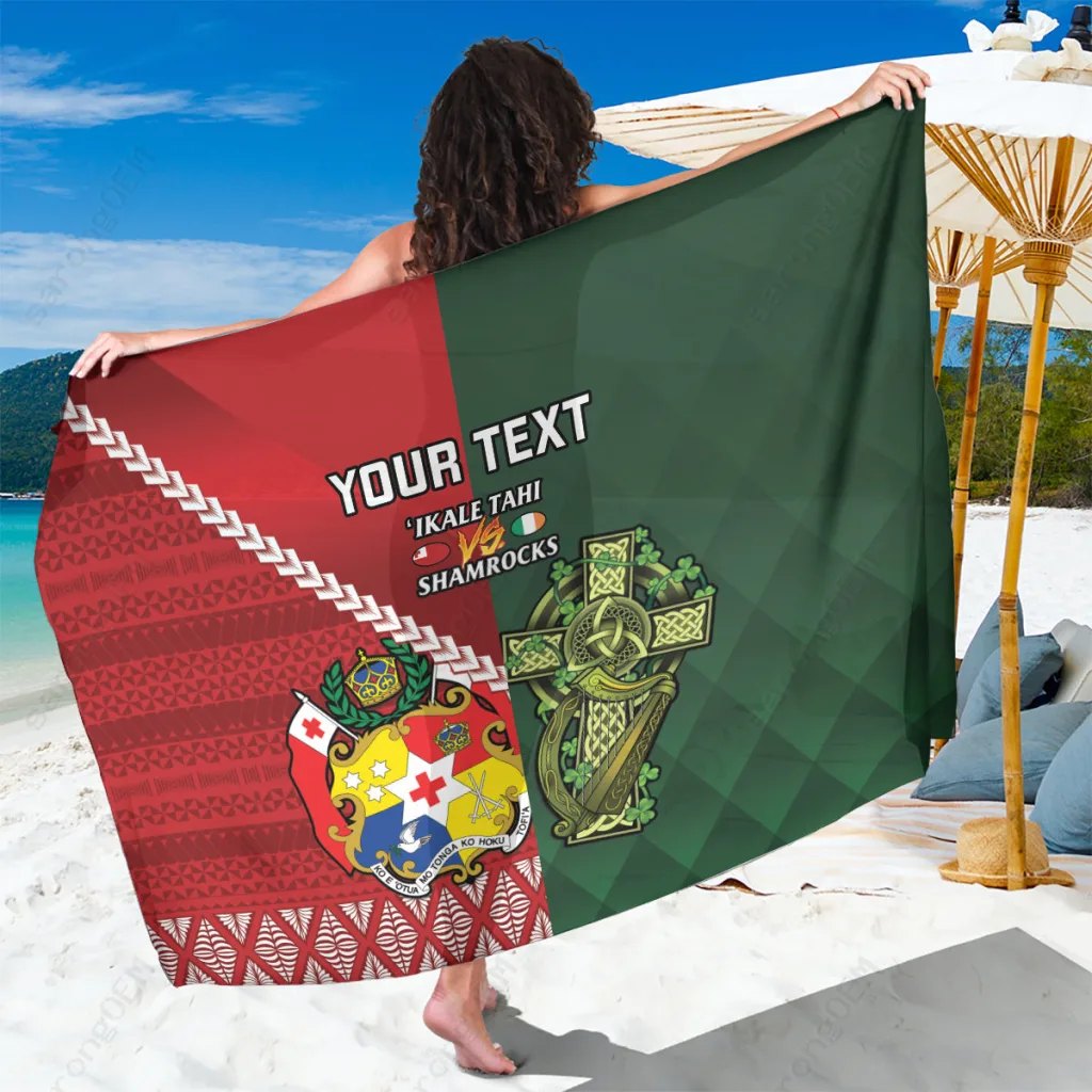 Custom Samoa & Ireland Rugby Sarong Ikale Tahi with Shamrocks Viscose Rayon Beach Wrap Wholesale - main view