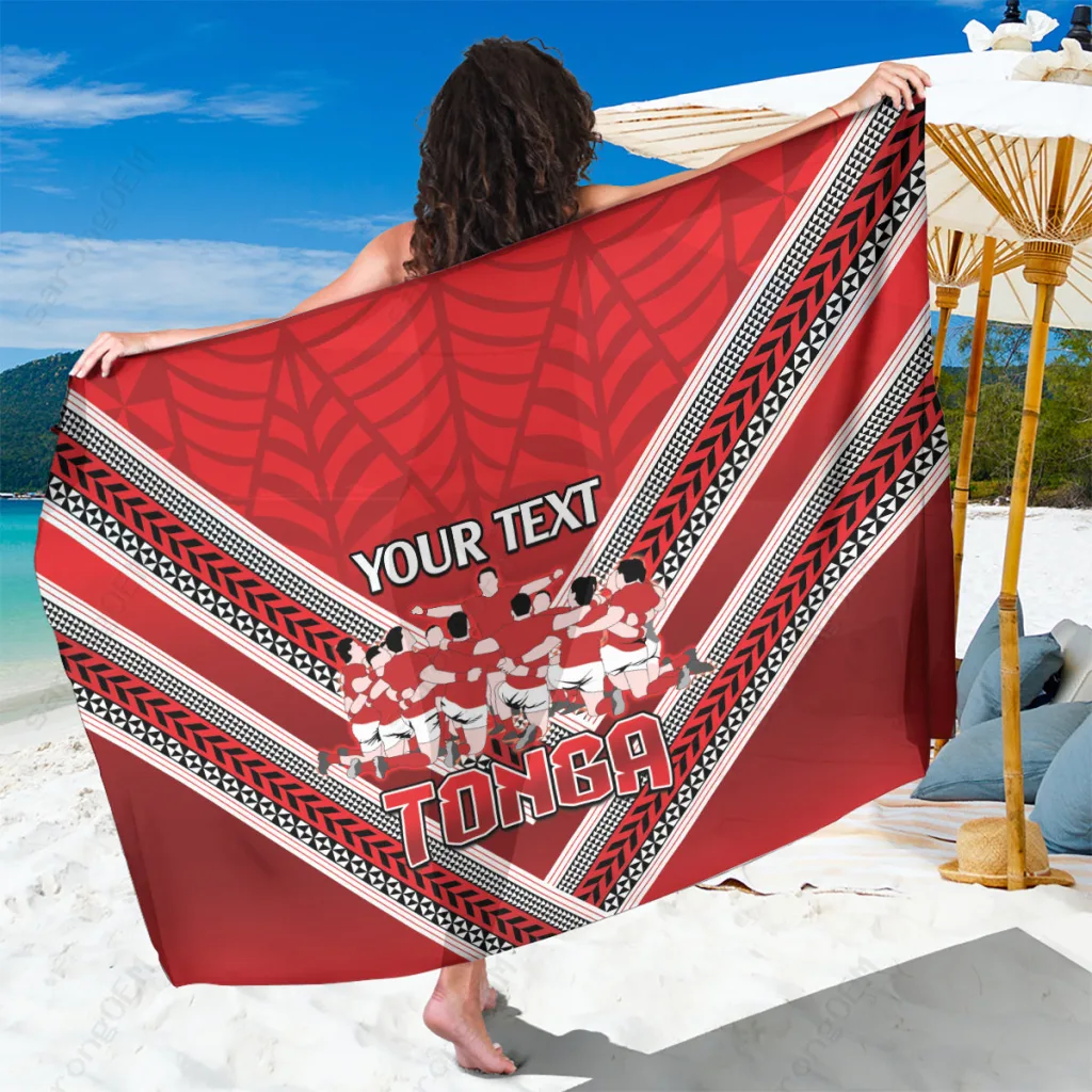 Black Custom Tonga Rugby Sarong with Ngatu Tribal Pattern and Sipi Tau Motif - South Pacific Beach Wrap for Resort Wear OEM - related