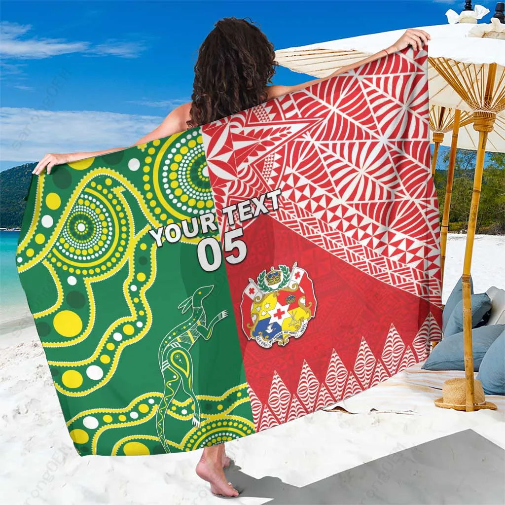 Black Custom Tonga Ngatu & Australia Kangaroos Aboriginal Print Sarong Beach Wrap Polynesian Island Resort Pareo Wholesale - main view
