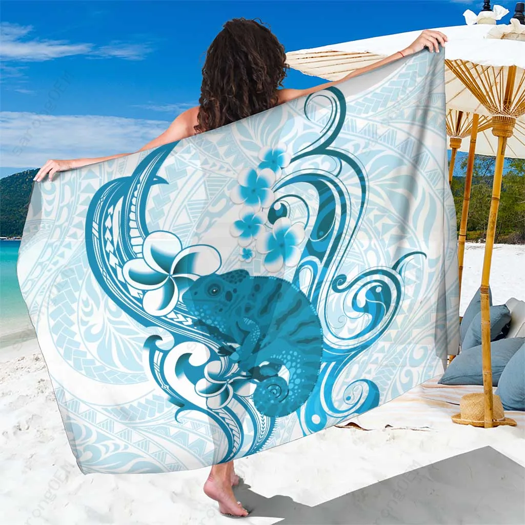 White & Cyan Hawaii Plumeria Polynesian Tribal Print Sarong Beach Wrap Wholesale Pareo - main view