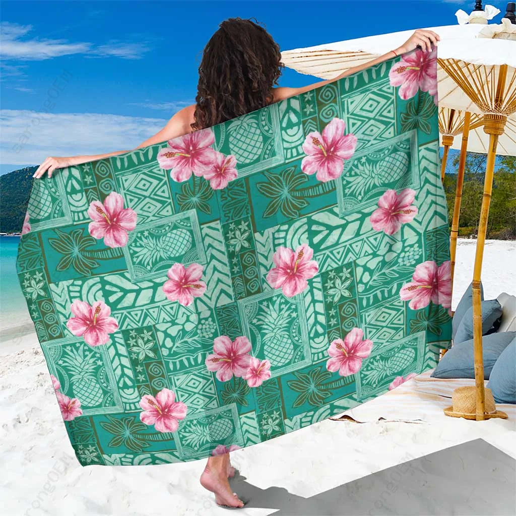 Cyan Hawaii Hibiscus Tropical Floral Print Sarong Beach Wrap Summer Holiday Pareo Wholesale - main view