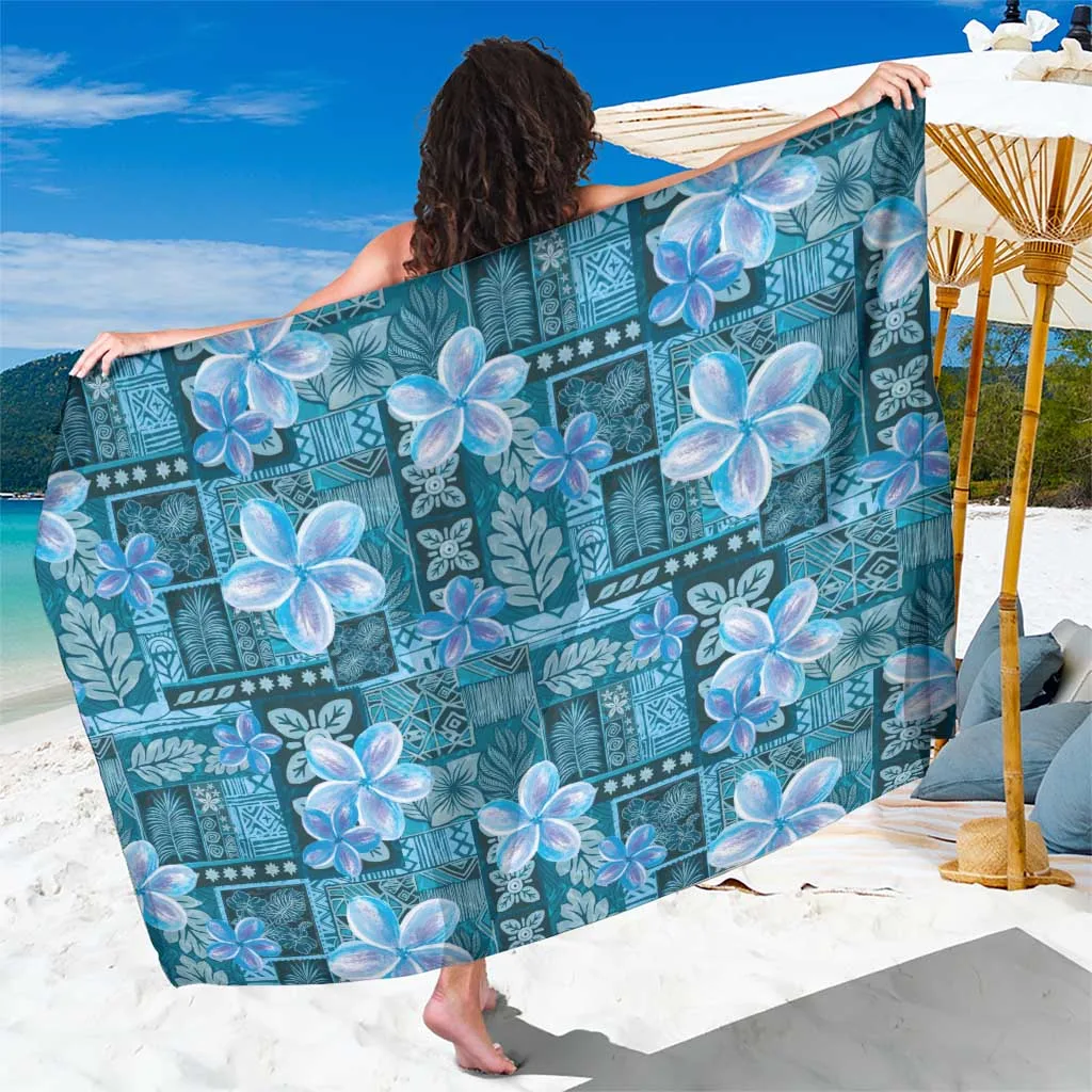 Cyan Hawaii Plumeria With Tropical Flowers Motifs Sarong - main view
