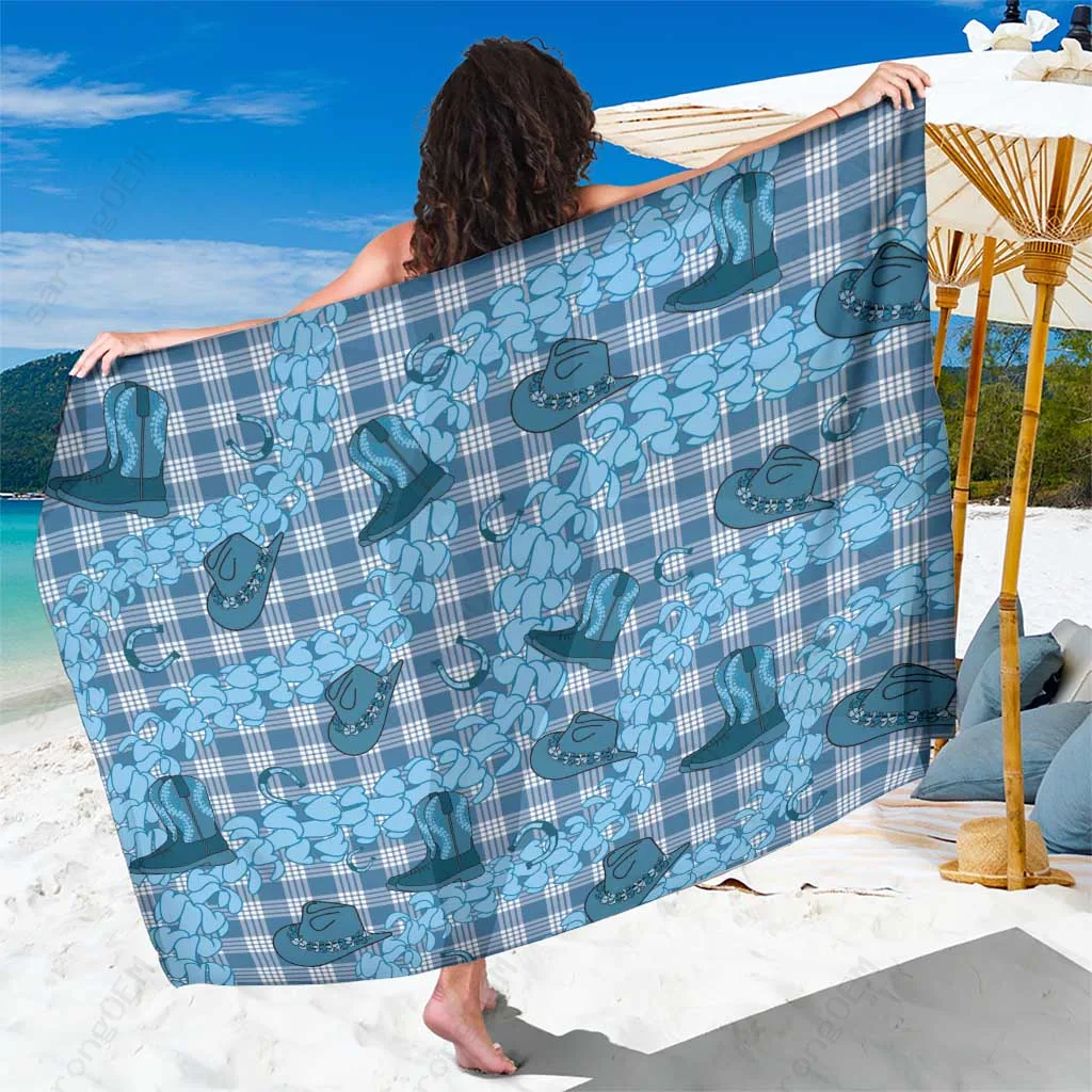 Cyan Palaka Hawaii Cowboy Sarong with Puakenikeni Lei and Paniolo Papale Seamless Vibes, Tropical Island Beach Wrap Cover Up Wholesale Pareo - main view