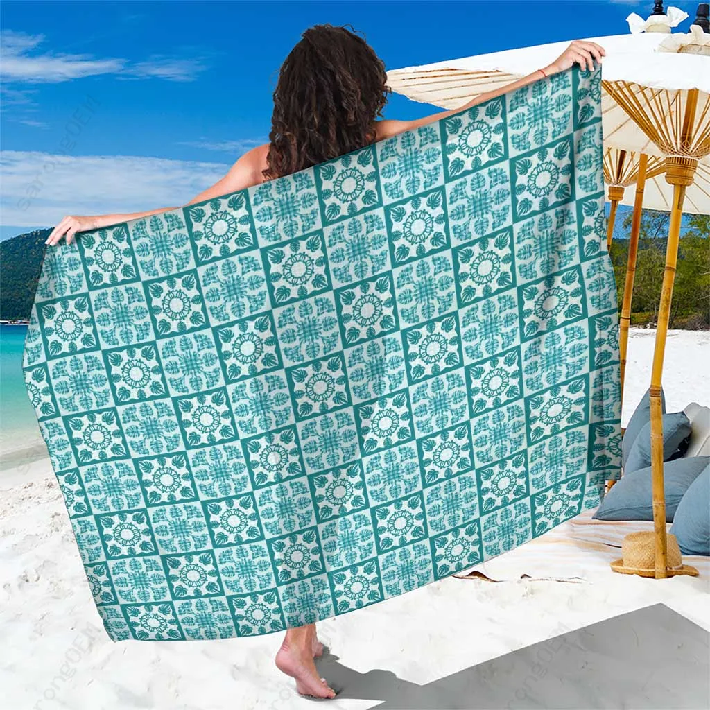 Cyan Sea Turtle Monstera Tropical Print Sarong Hawaiian Beach Wrap Cover Up Wholesale Pareo - main view