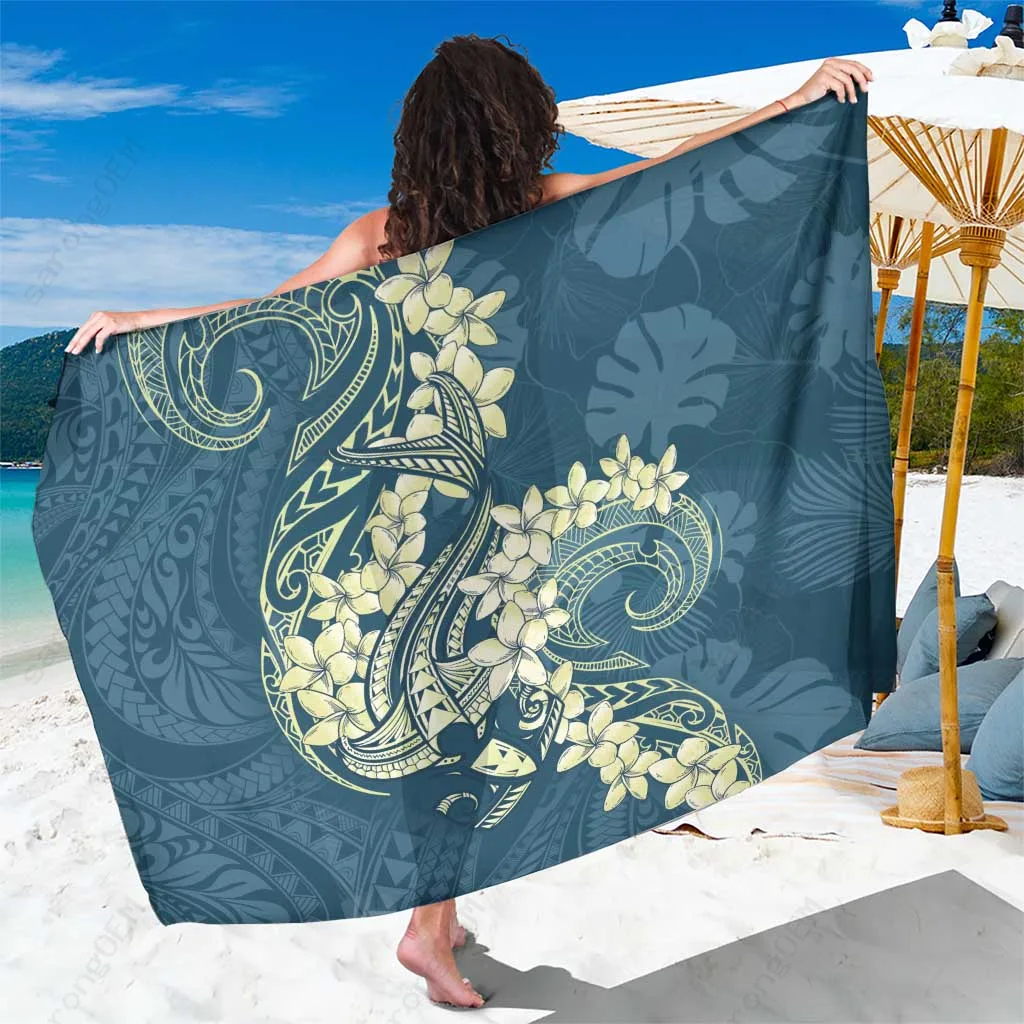 Cyan Polynesia Hammerhead Shark Tattoo Plumeria Hibiscus Print Sarong Beach Wrap Tropical Island Resort Cover Up Wholesale Pareo - main view