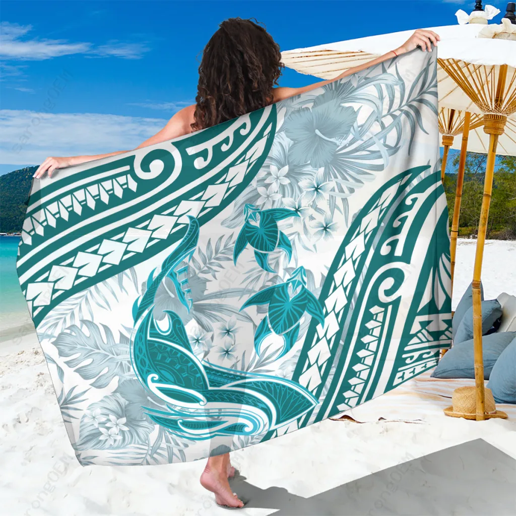Cyan Polynesian Sarong with Turtle Shark Tattoo Vintage Tropical Beach Wrap Wholesale Pareo - related