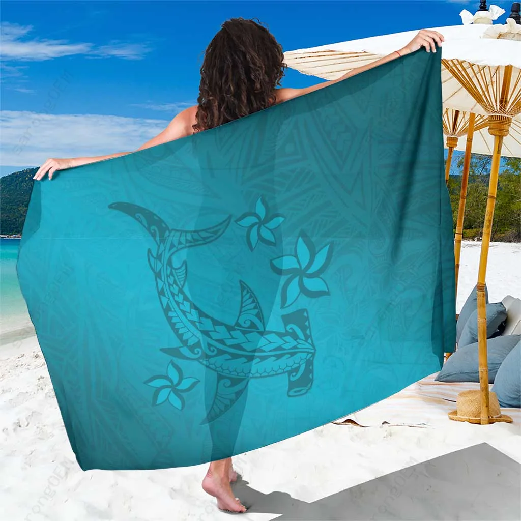 Dark Cyan Gradient Polynesia Sarong with Tribal Hammerhead Shark Tattoo Print Hawaiian Beach Wrap Pareo Wholesale - main view