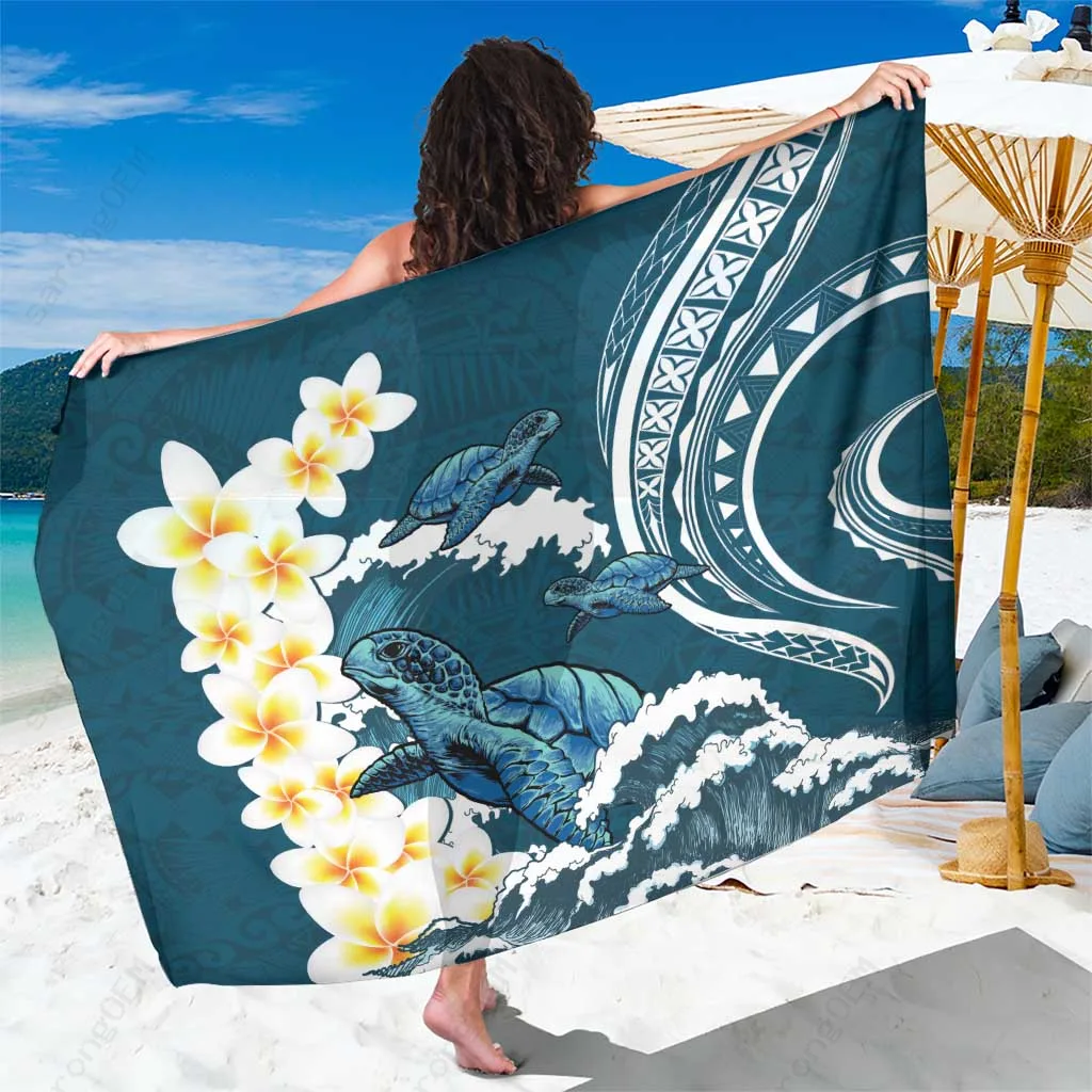 Dark Teal Polynesia Sarong with Sea Turtles & Frangipani Print Beach Wrap Resort Cover Up Wholesale Pareo - main view