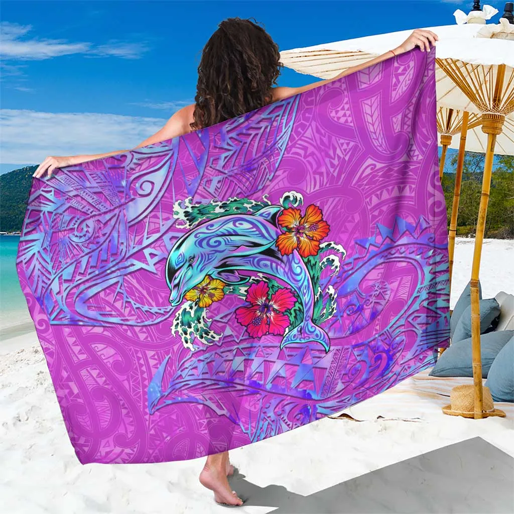 Purple Hibiscus Tropical Wave Dolphin Print Sarong Polynesia Beach Wrap Wholesale Pareo - main view