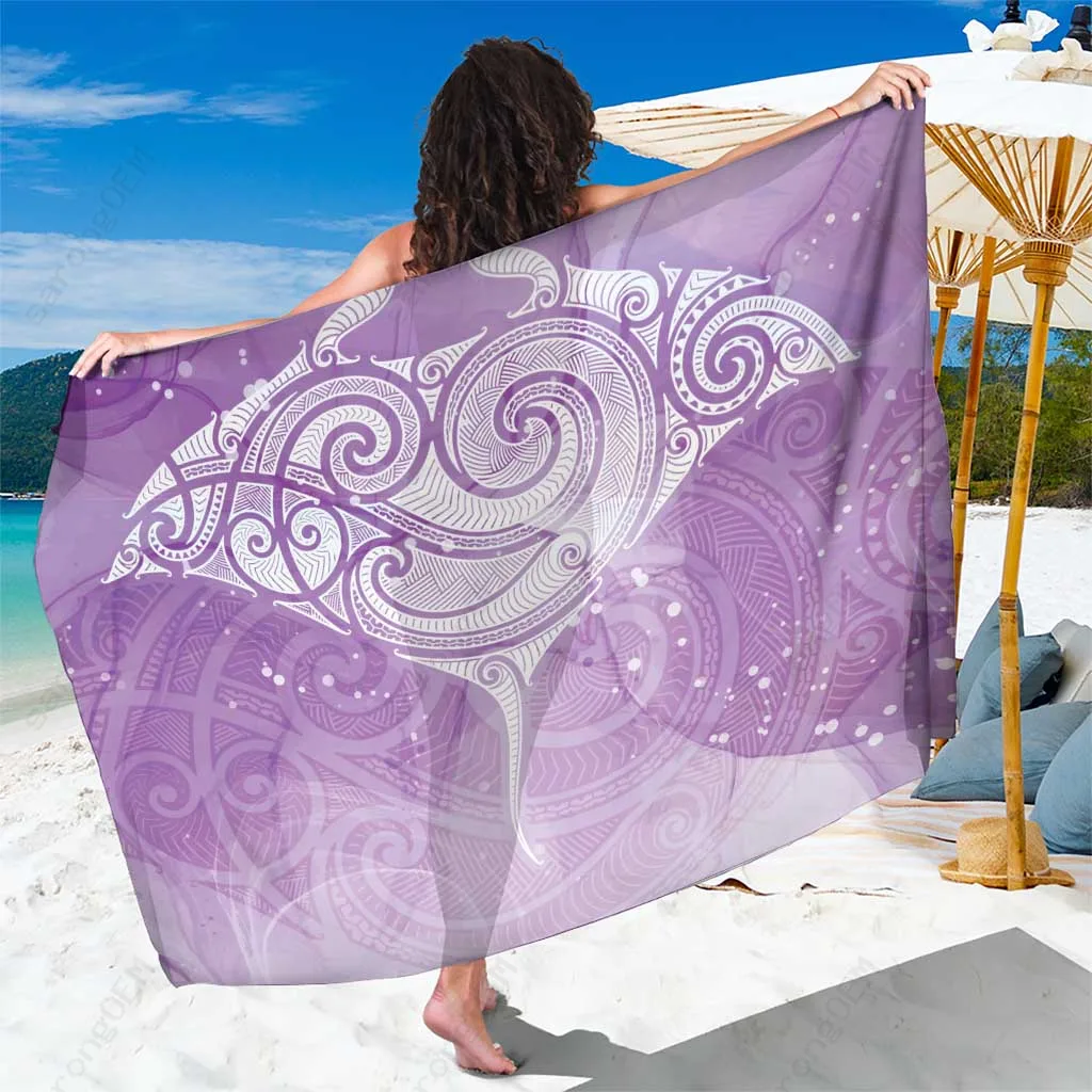Purple Maori Aotearoa Manta Ray Tribal Print Sarong Beach Wrap Polynesian Island Cover Up Wholesale Pareo - related