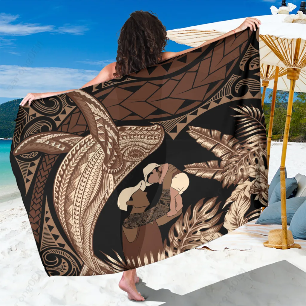 Navy Polynesian Humpback Whale Tropical Print Sarong Beach Wrap Pareo Summer Island Cover Up Wholesale