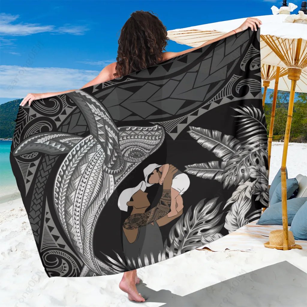 Black Polynesian Humpback Whale Tropical Print Sarong Beach Wrap Resort Cover Up Wholesale Pareo - main view