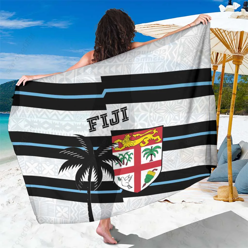 White Fiji Rugby 2024 Tapa Pattern Printed Sarong South Pacific Island Beach Wrap Wholesale Pareo - main view
